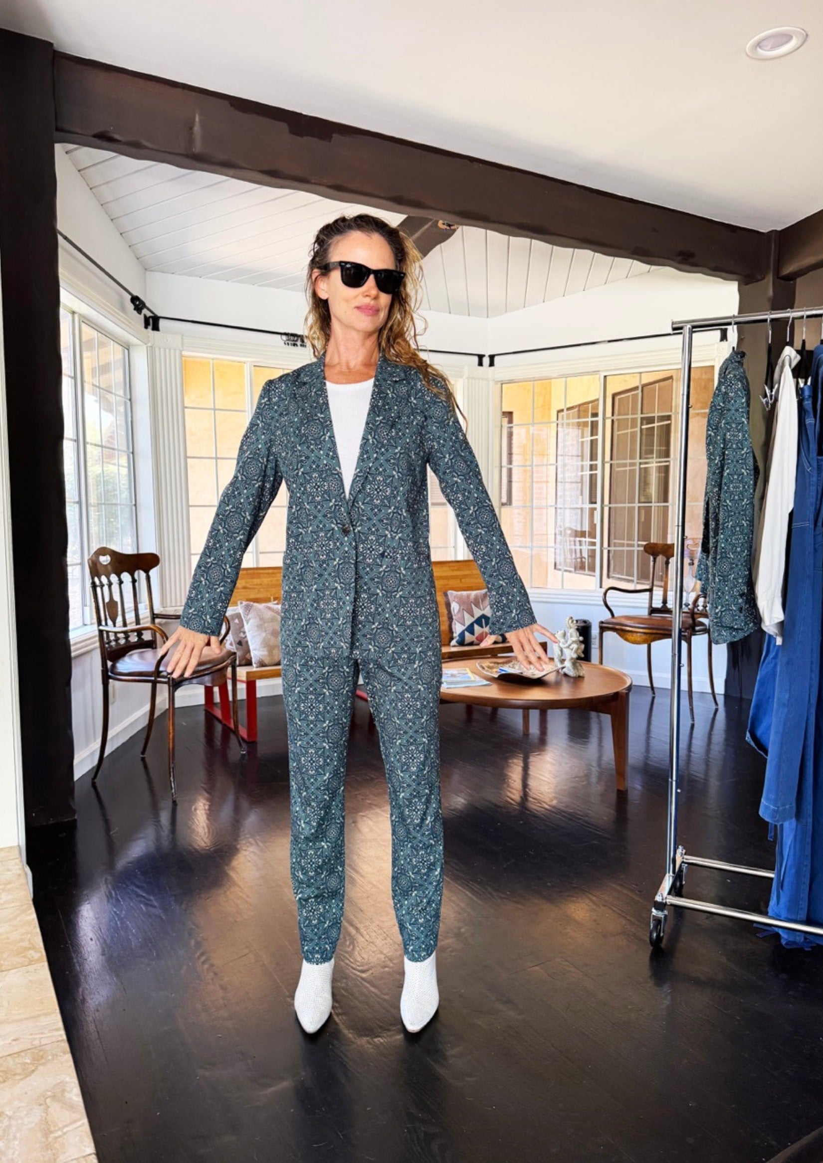 Juliette Lewis wears a suit from the Juliette Lewis x Wildfang collection at a fitting at her house.
