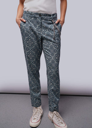 S=Person wearing blue patterned pants and white sneakers on a plain background