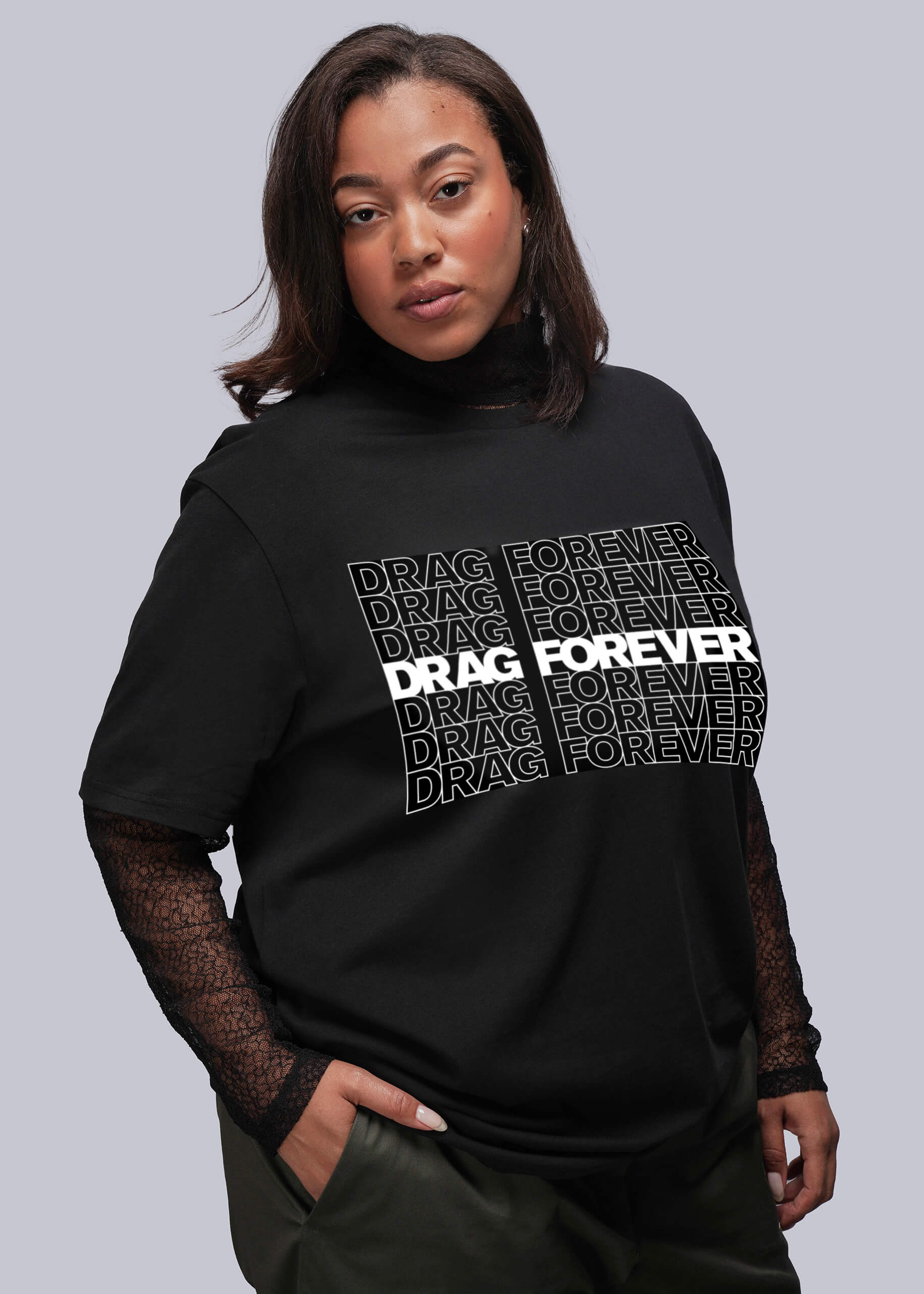 1X=Person wearing a black t-shirt with 'DRAG FOREVER' text on a gray background