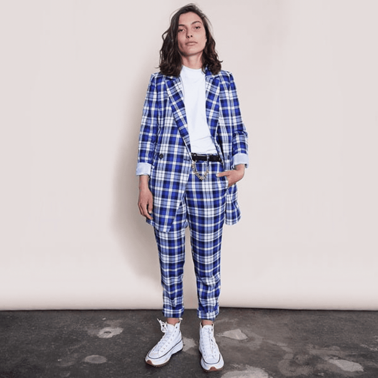 Slideshow of images showing styling of blue plaid suit in multiple ways on the same person