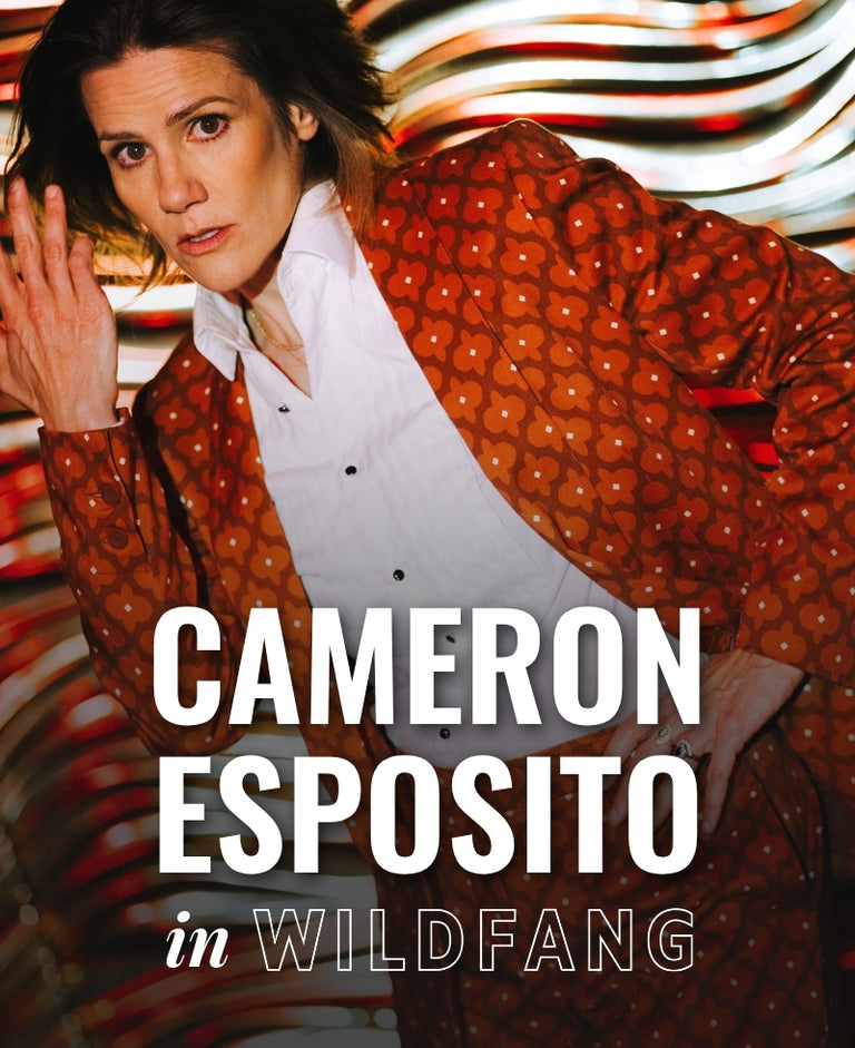 Promotional graphic featuring a close-up portrait of Cameron Esposito against a swirling red, orange, and white background, with large white text reading 'CAMERON ESPOSITO in WILDFANG'.