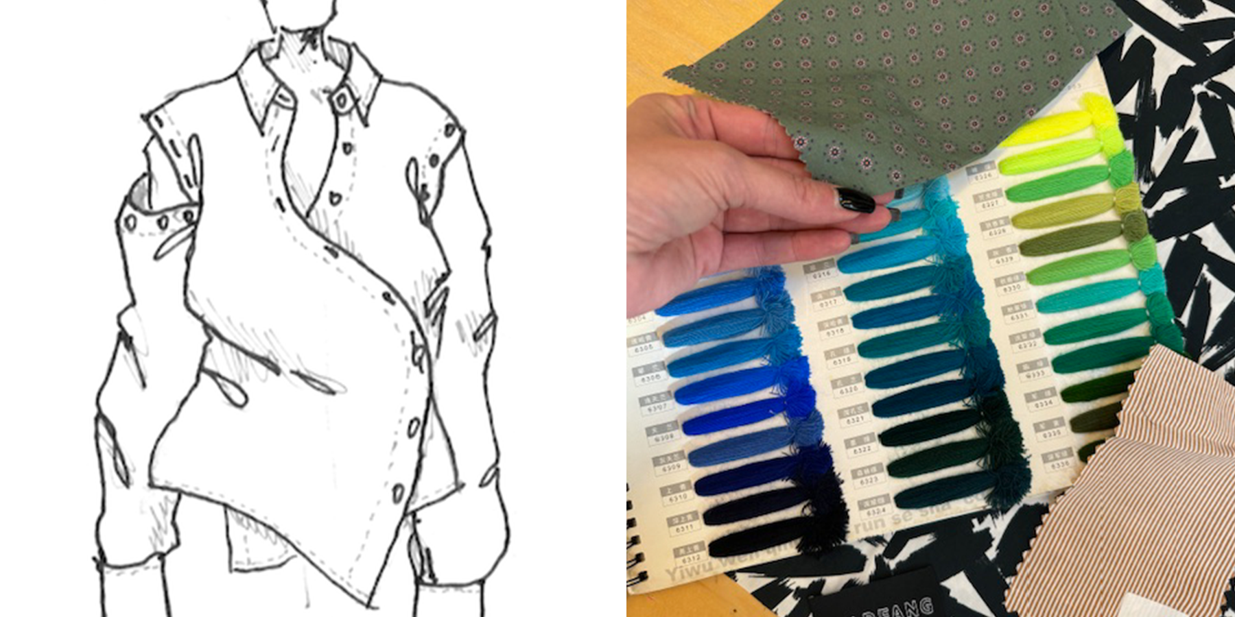Image of button up sketch next to image of person reviewing fabric and thread swatches.