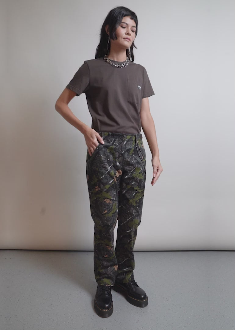 Model shows the fit and features of The Essential Cotton Twill Utility Pant in Wild Camo Mocha